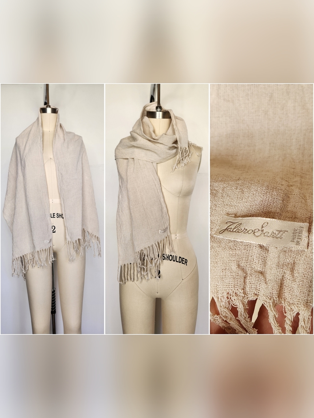 Faliero Sarti LINEN Scarf Shawl - Beige Linen - Italian Designer- Fringed